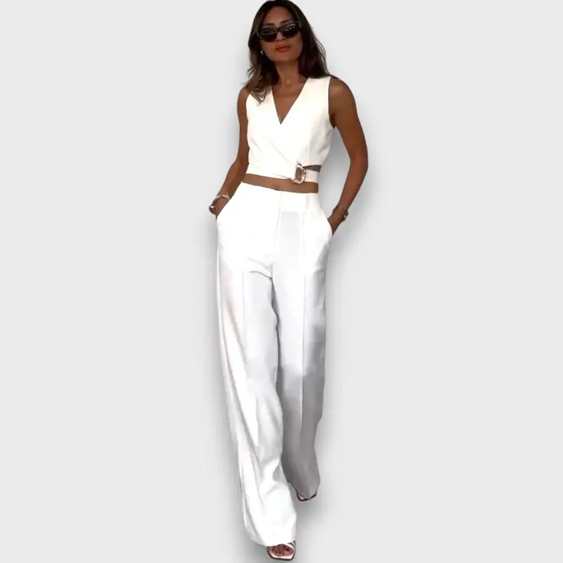 Solange – White Set with Waist Belt and Wide Leg