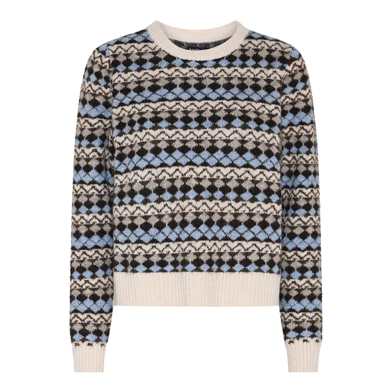 Soulmate trui blauw beige print model Hilly faded denim blue 10320