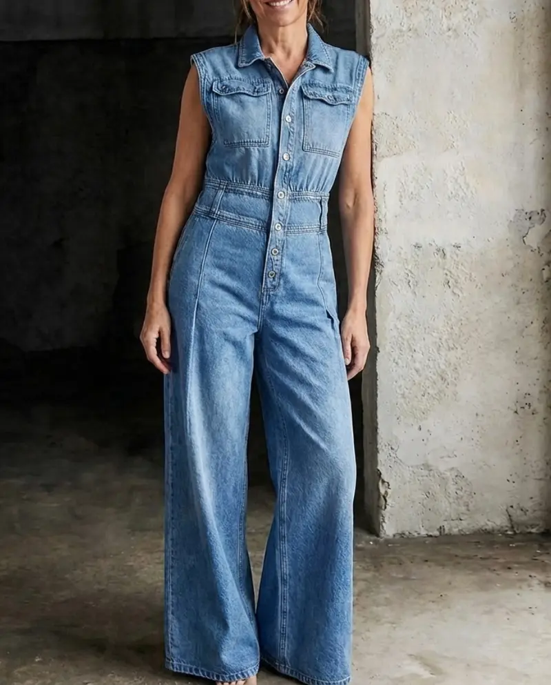 Stella | Cinched Waist Wide Leg Denim Jumpsuit