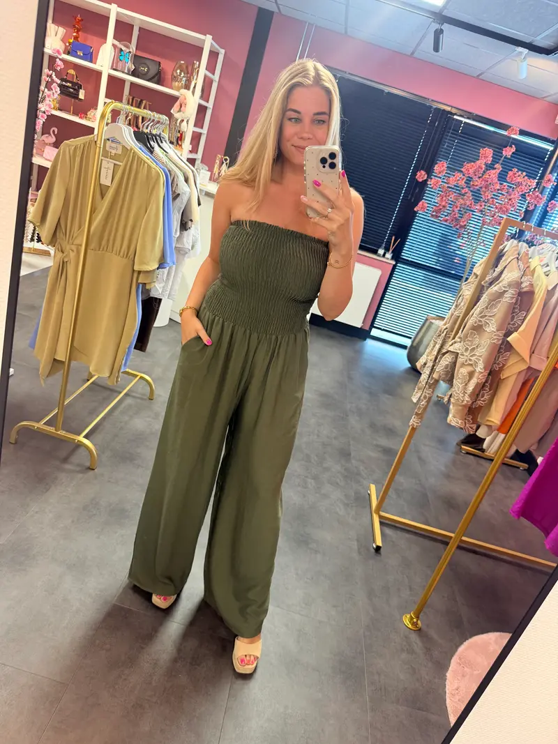 Strapless jumpsuit legergroen