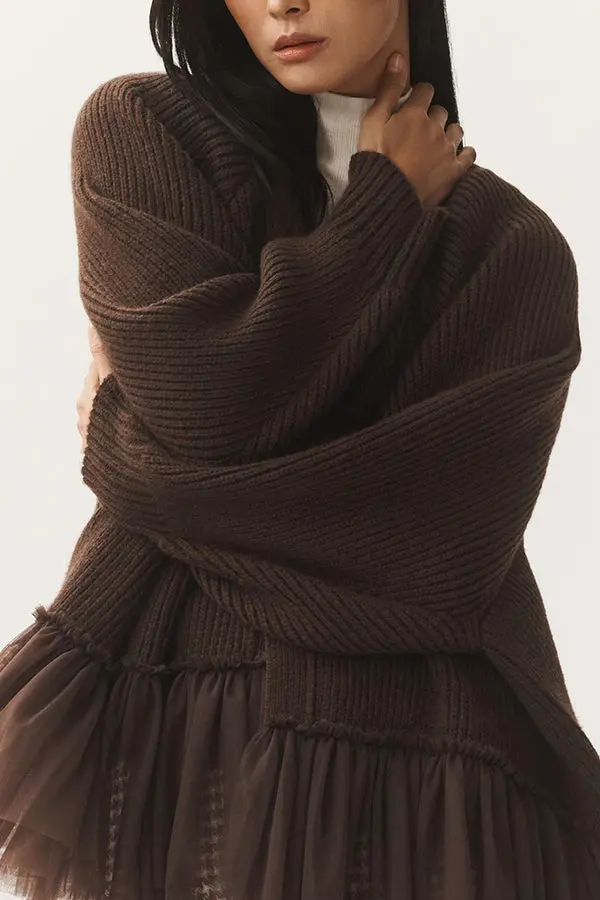 Strick-Cardigan mit Mesh-Rüsche und langen Ärmeln