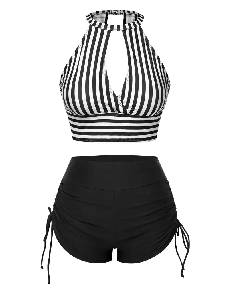 Striped Halter Cutout Bikini Set