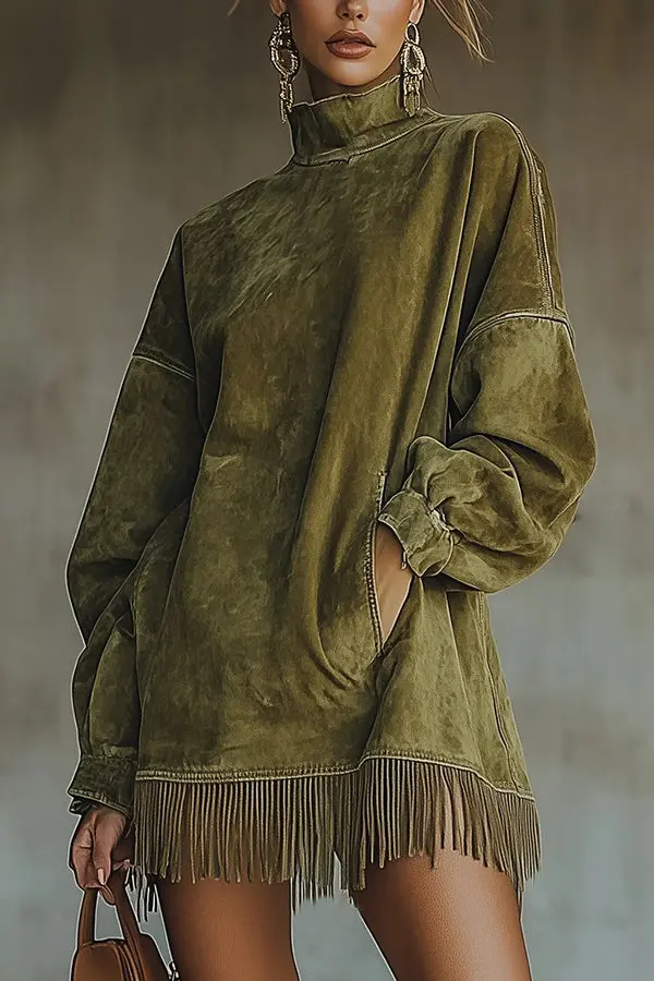Stylish Suede High-neck Long-sleeved Loose-fitting Pockets Tassel Mini Dress (Shipped Within 24 Hours)