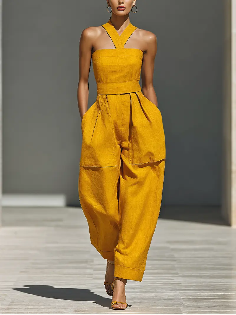 Tahlia™ | Mustard Yellow Crisscross Neck Jumpsuit