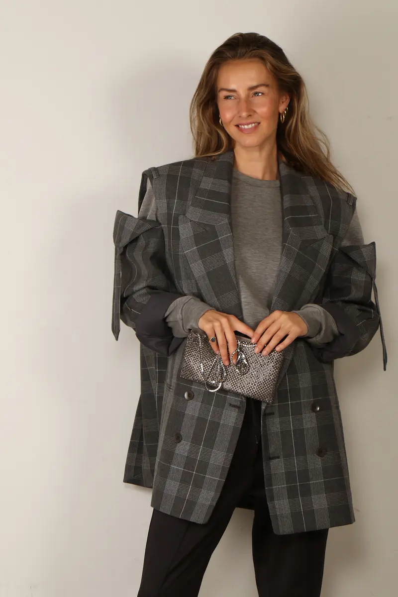 Tibi - Blazer - Papery Wool Plaid Easy Mens Blazer - Grey Multi