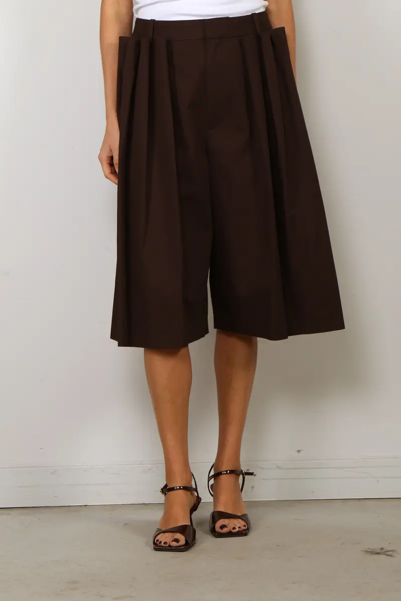Tibi - Short - Luxe Spring Twill Tucked Pleated Wide Leg Short - Hickory Brown