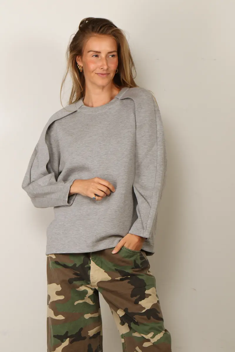 Tibi - Sweater - Bonded Viscose Crewneck With Folded Panel - Heather Grey