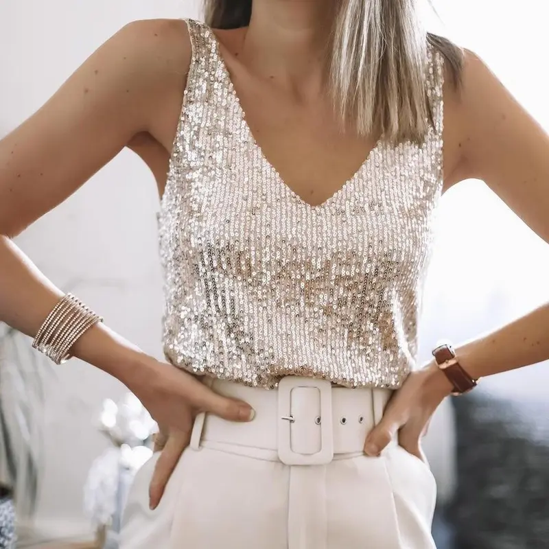 Top con Paillettes e Scollo a V
