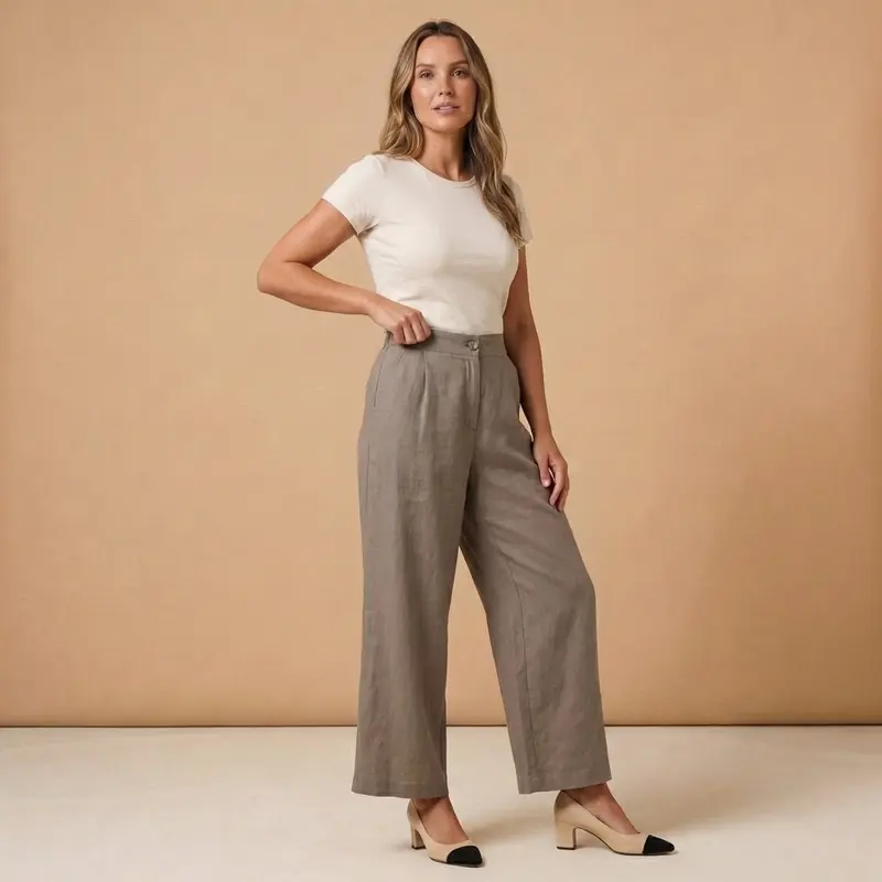 Trousers Women Linen High Waist Wide Leg Button Zip Closure