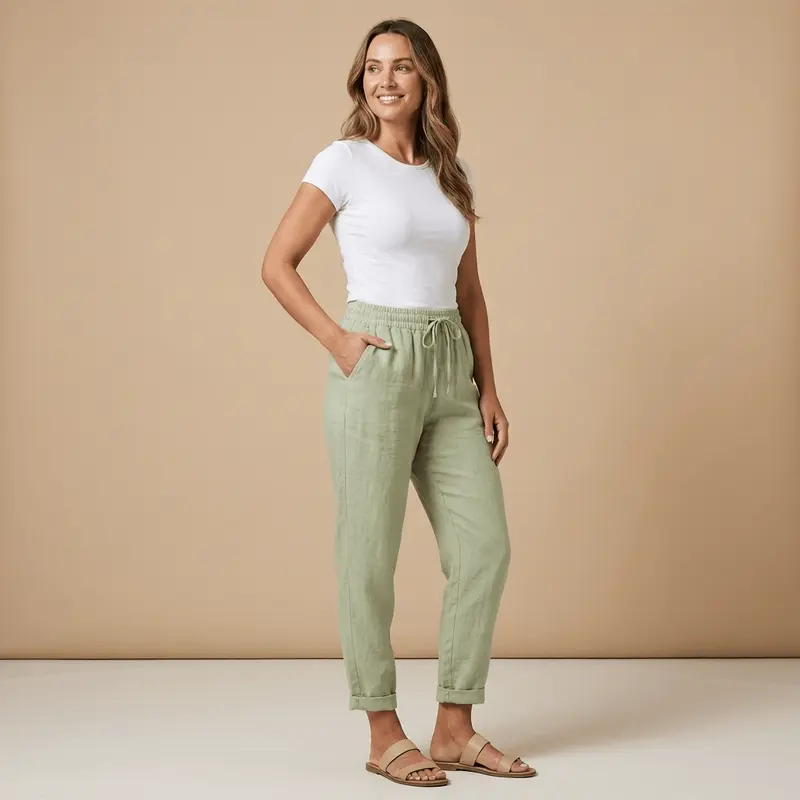 Trousers Women Linen Tapered Fit Elastic Drawstring Waistband