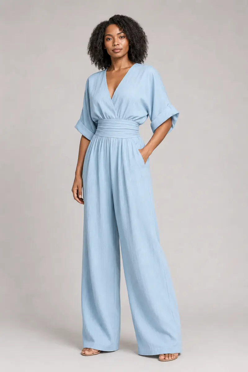 V-Neck High-Waisted Wide-Leg Jumpsuit