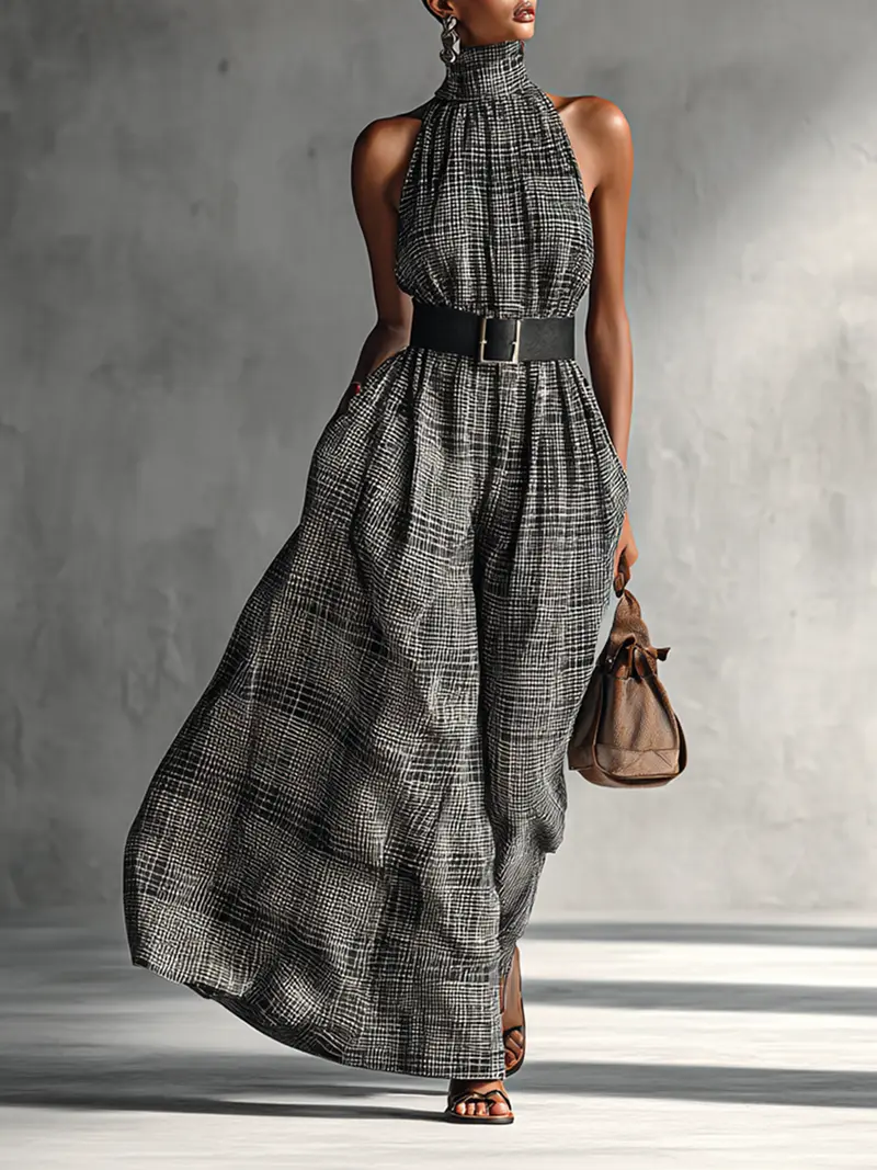 Velisse™ | Plaid High Collar Sleeveless Belted Maxi Dress