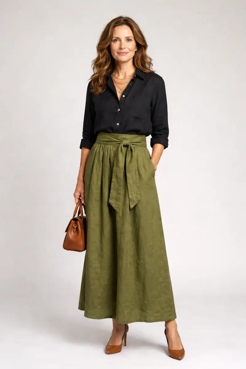 Vera | Two Piece Set Black Blouse Olive Green Midi Skirt