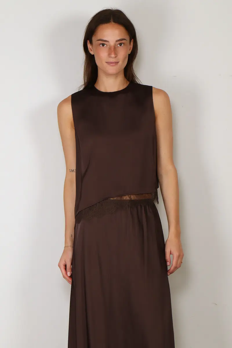 Vince - Top - Asymmetric Hem Shell W/ Lace - Iron