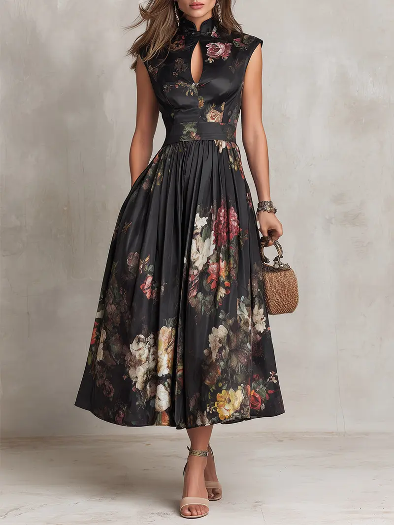 Virelle™ | Floral Satin Midi Dress