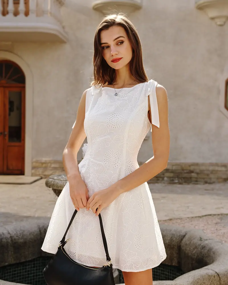 White Floral Textured Mini Dress