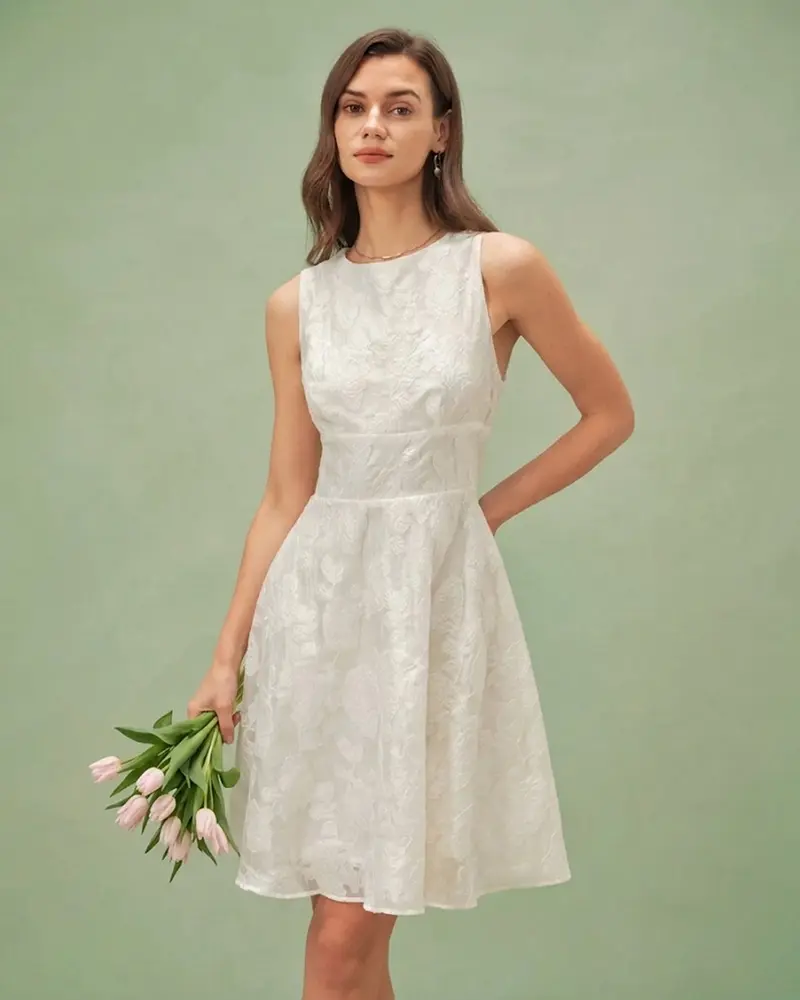 White Round Neck Jacquard Mini Dress