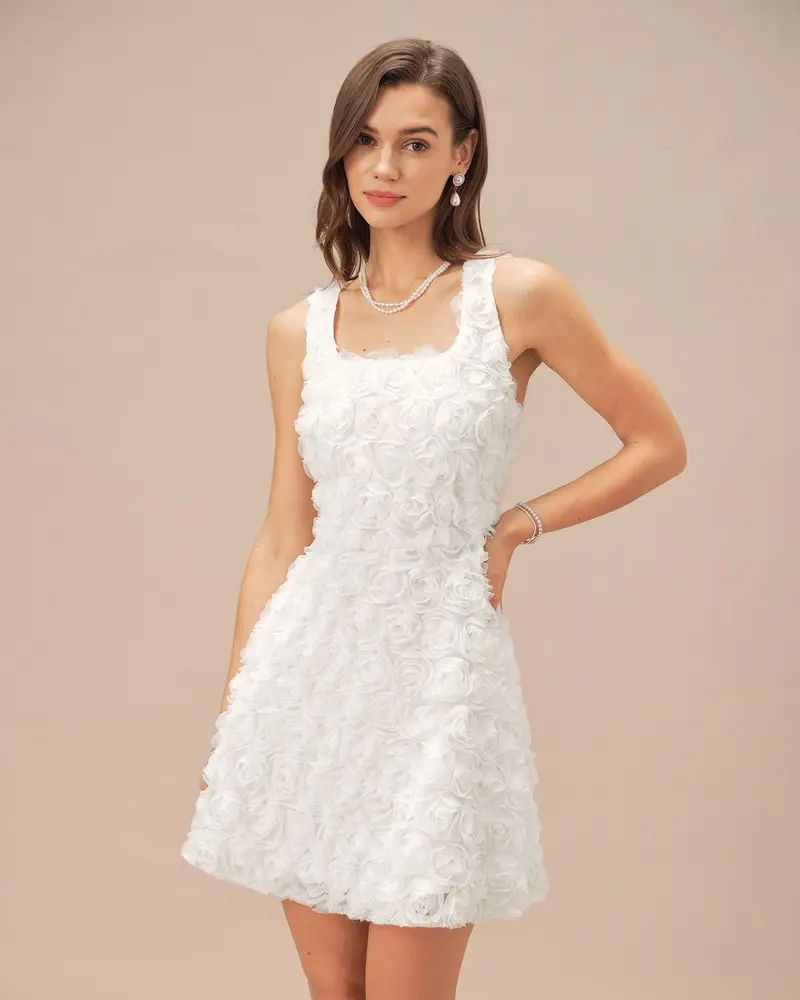White Square Neck Floral A-Line Mini Dress