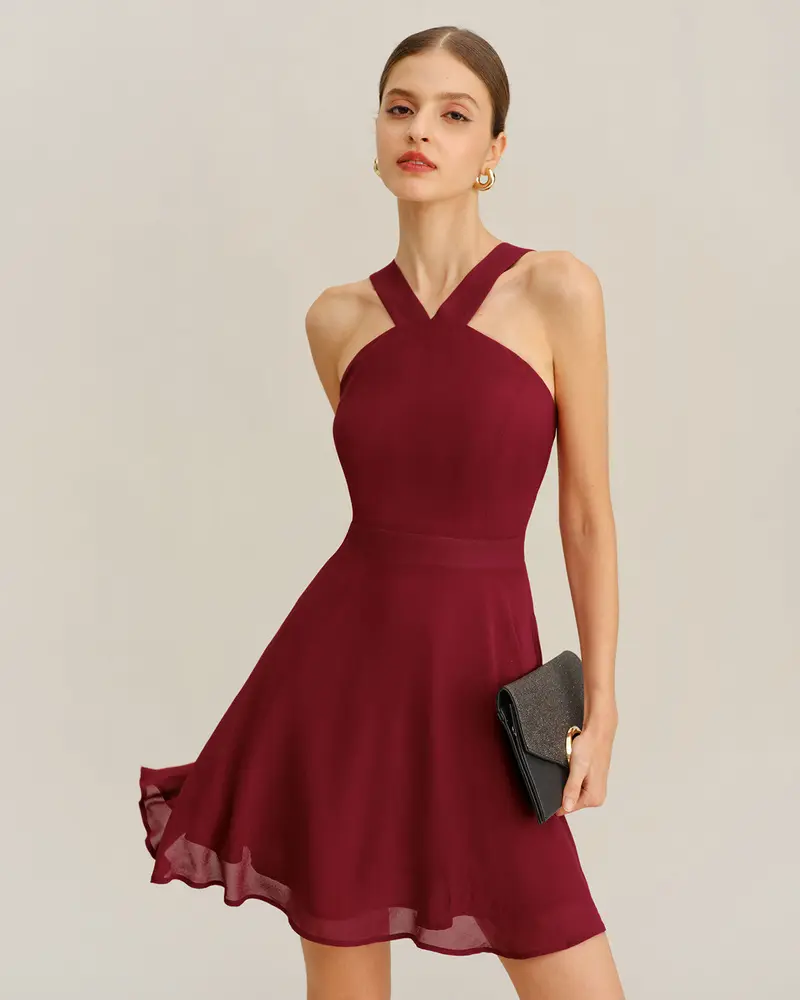 Wine Red Chiffon A-Line Sleeveless Mini Dress