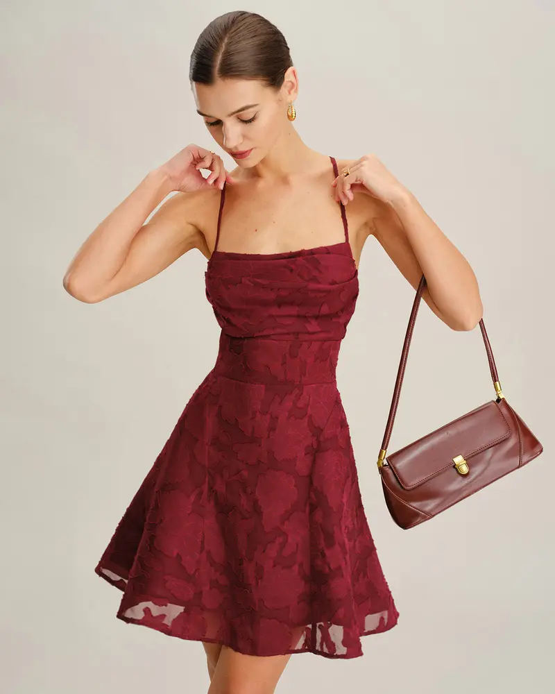 Wine Red Floral Backless Slip Mini Dress