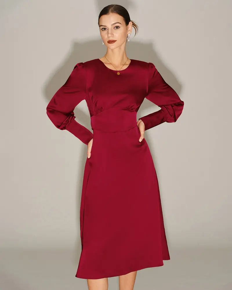 Wine Red Satin A-Line Midi Dress