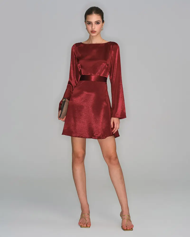 Wine Red Satin Bell Sleeve Mini Dress