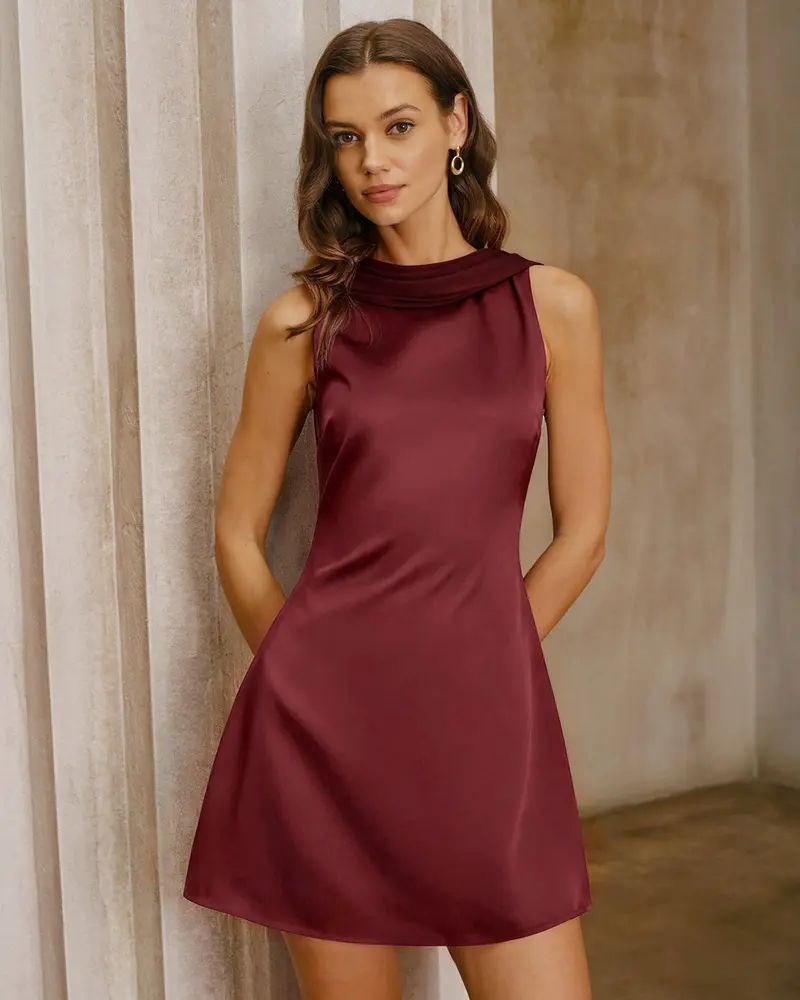 Wine Red Satin Cowl Neck Backless Mini Dress
