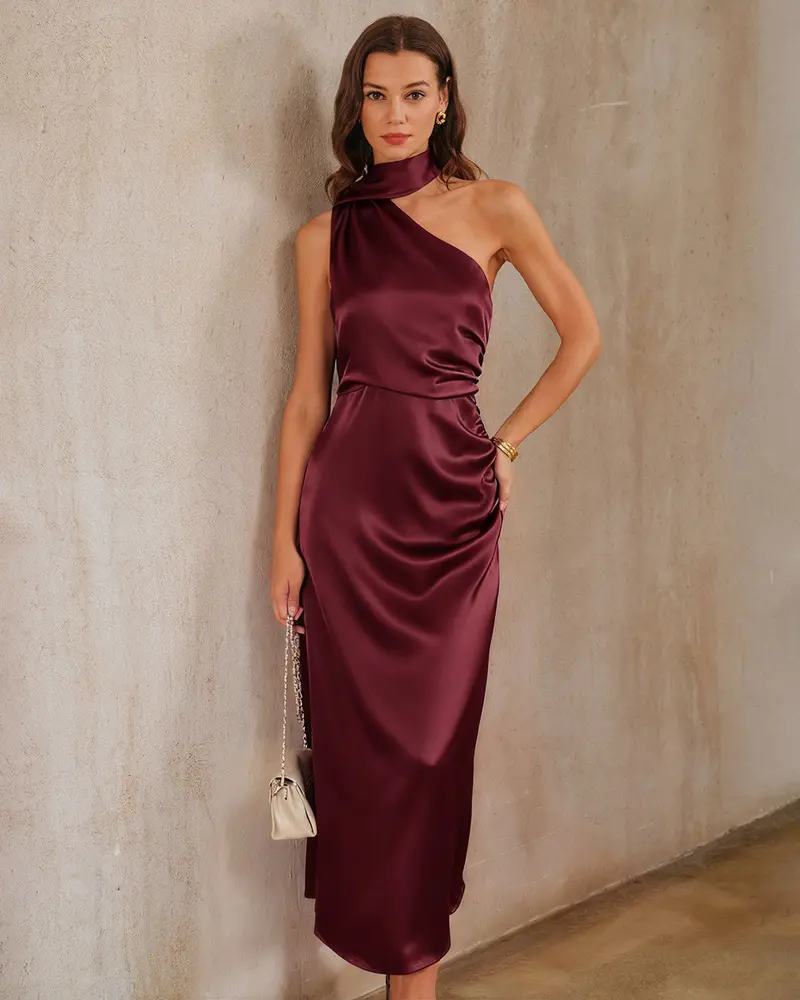 Wine Red Satin One Shoulder Maxi Dress