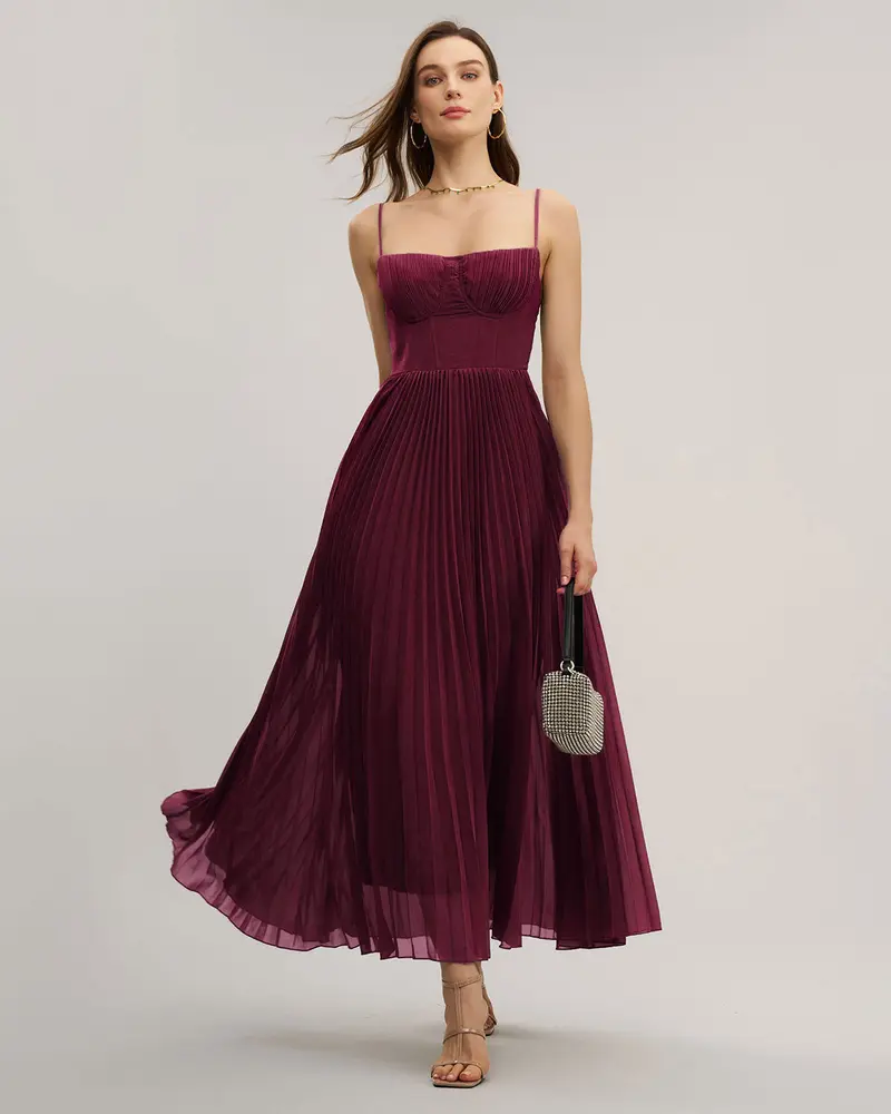 Wine Red Sweetheart Neck Flowy Maxi Dress