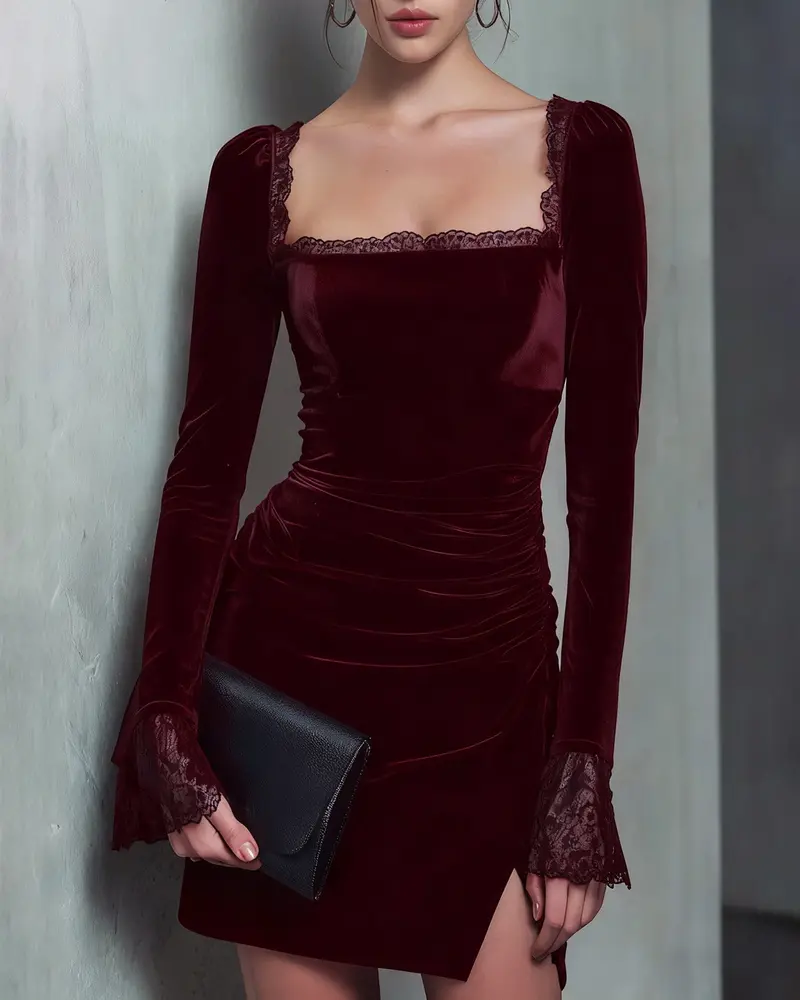 Wine Red Velour Square Neck Mini Dress