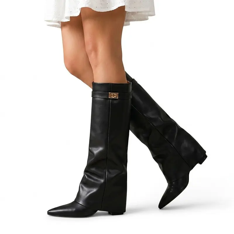 Women Boots | Knee-High Shaft with Pointed Toe and Metal Detail