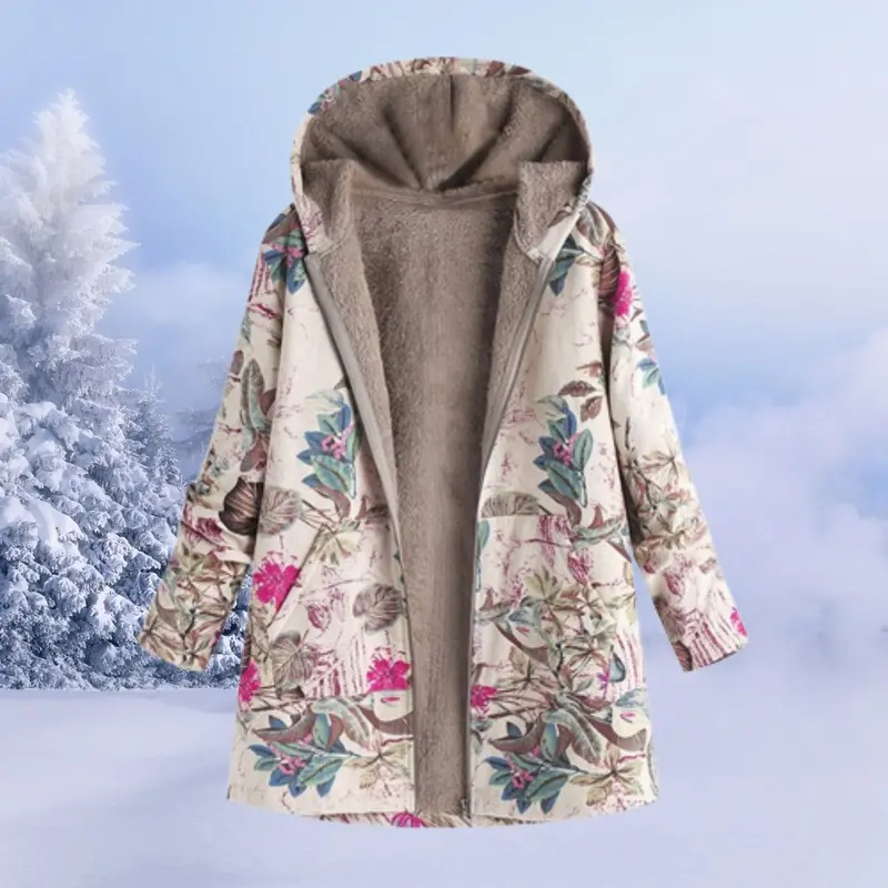 Women Coat | Hooded Floral Print with Full Zip Closure