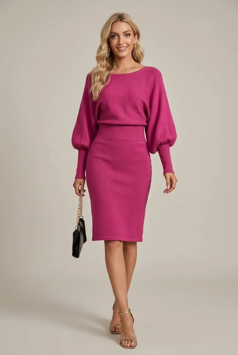 Women Dress | Ribbed Waist Balloon Sleeve Knit Midi Fit
