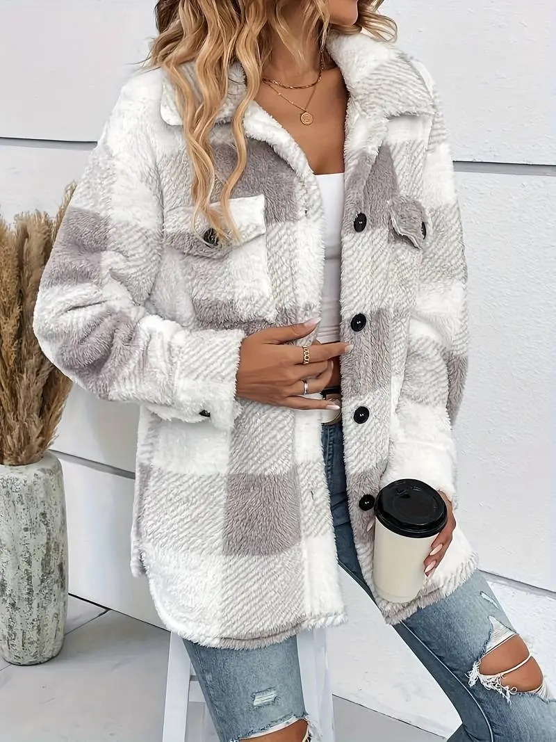 Women Jacket | Plaid Fleece with Button-Up Front Pockets