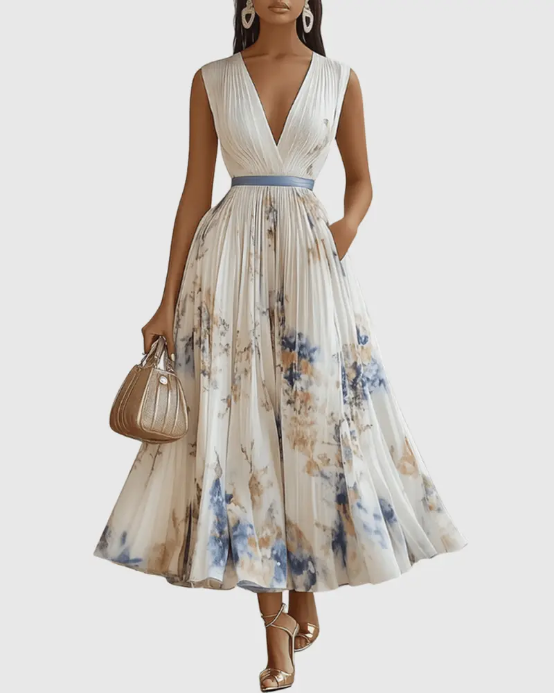 Women Maxi Dress Sleeveless V-Neck Pleated Bodice Fit