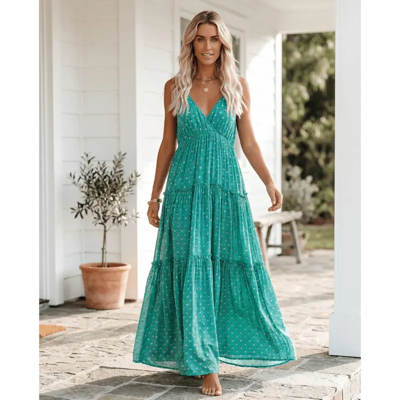 Women Maxi Dress Sleeveless V-Neck Tie Back Closure Fit