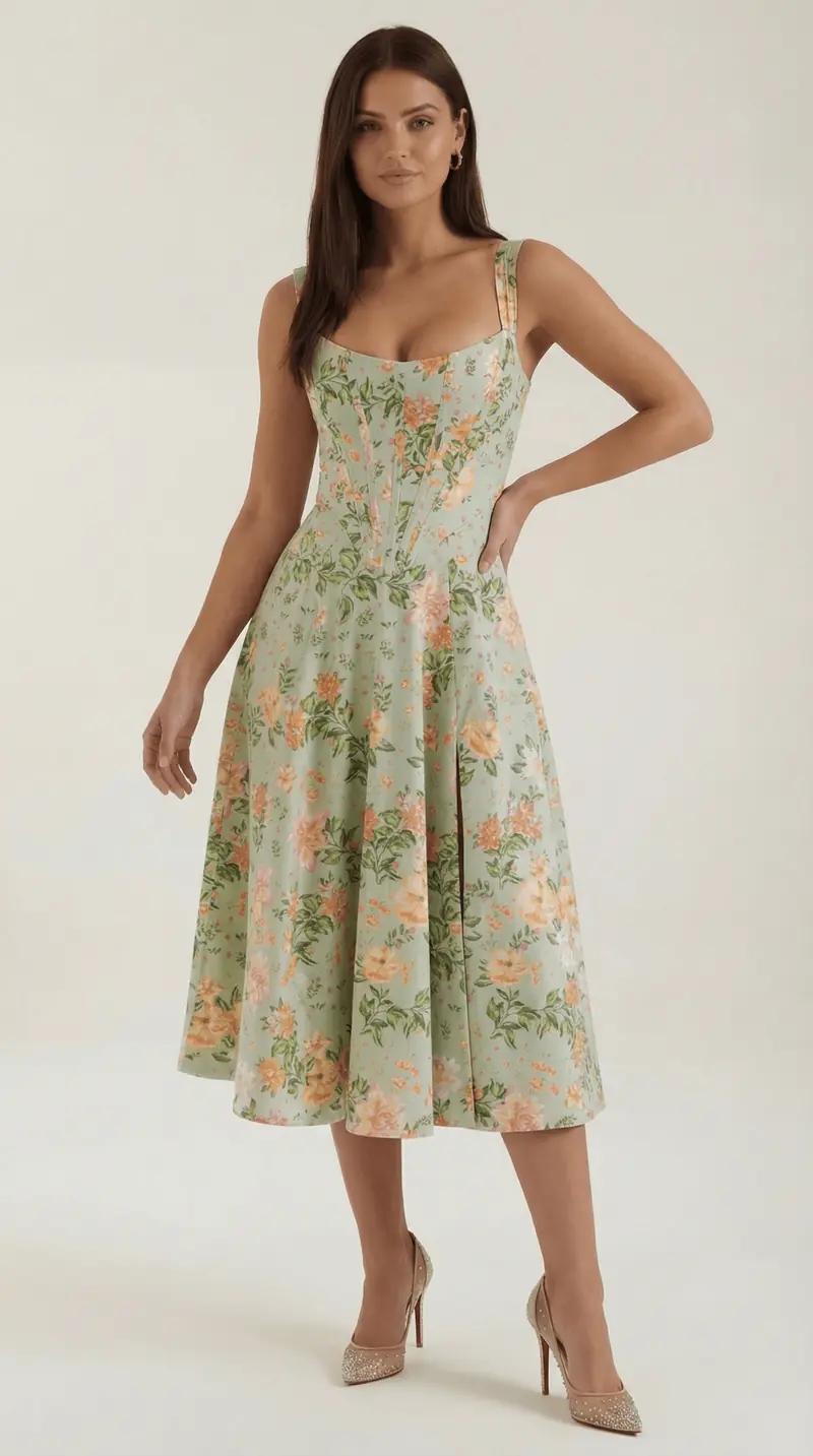 Women Midi Dress Sweetheart Neckline A-Line Silhouette