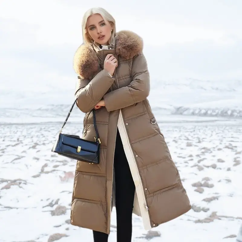 Women Puffer Jacket | Longline Fit with Fur-Trimmed Hood