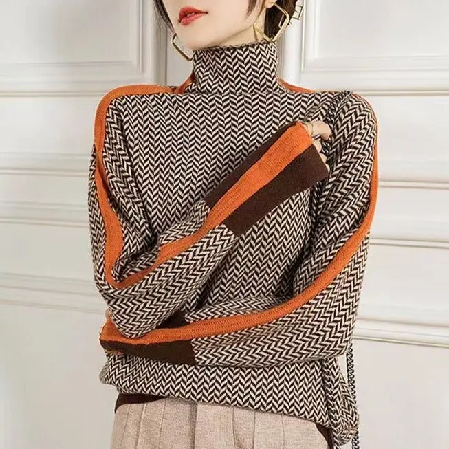 Women Sweater | Chevron Pattern Turtleneck Tailored Fit