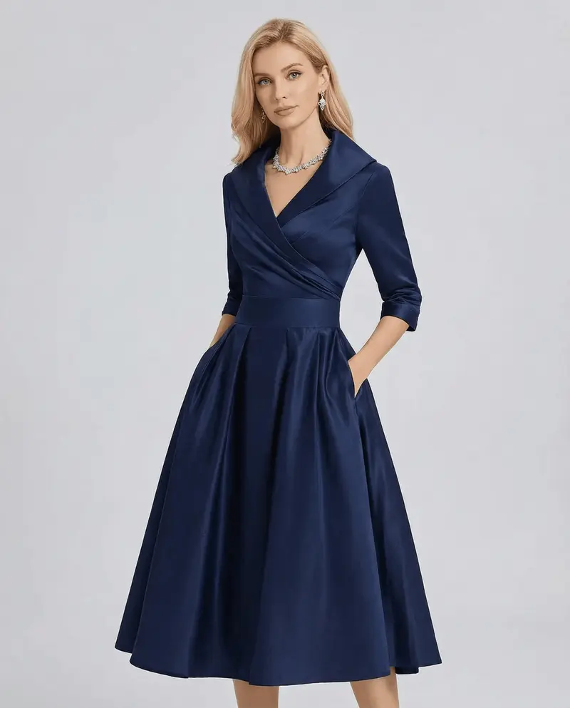Women's A-Line Dress — Lapel Neckline Cross Pleated Waist