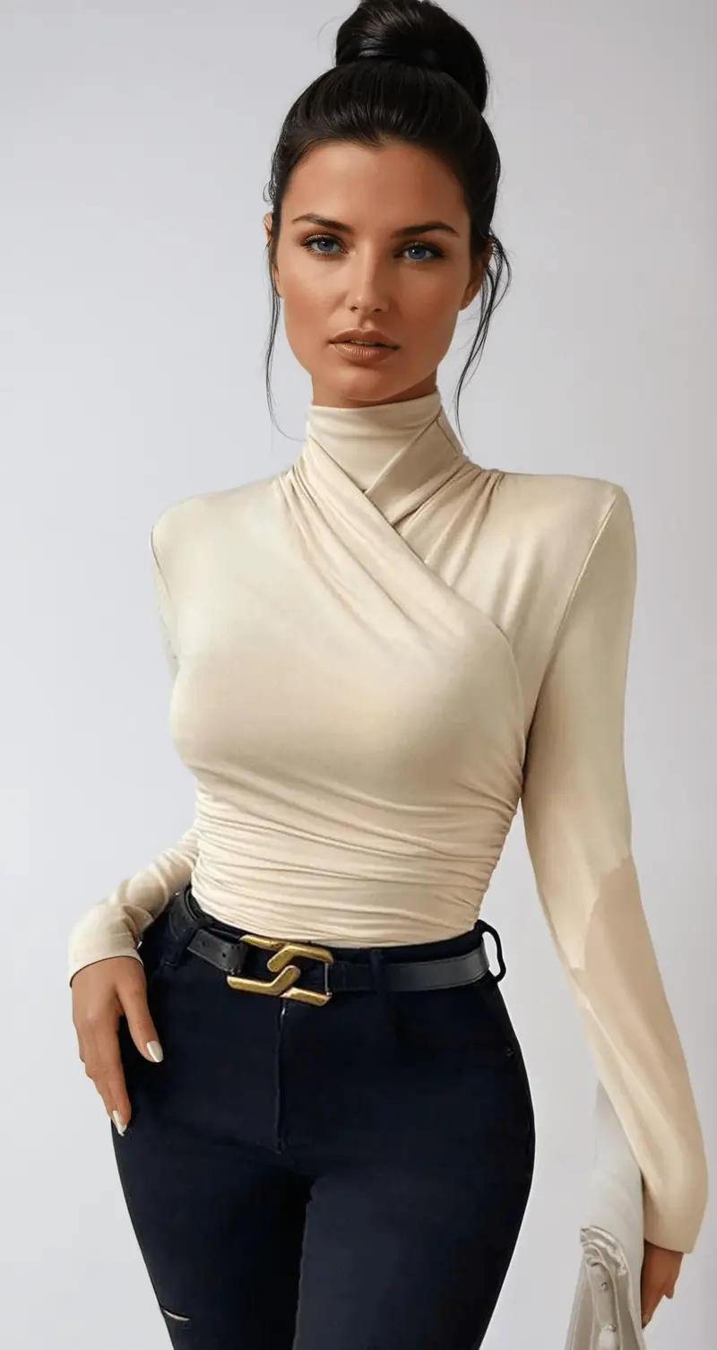 Women's Blouse — Slim Fit Long Sleeve Wrap Front Design