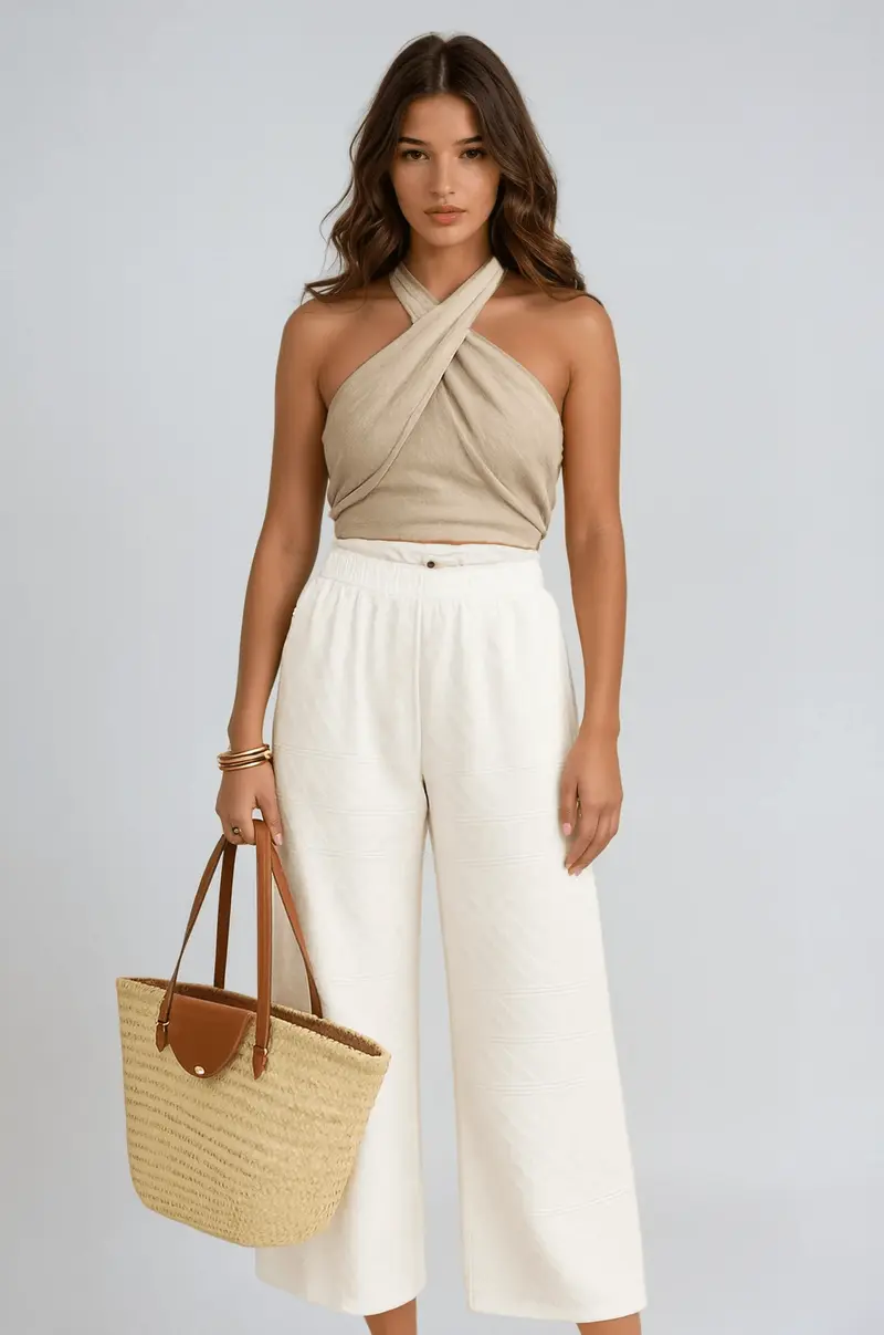 Women's Linen Crop Top - Halterneck Cross Front Design