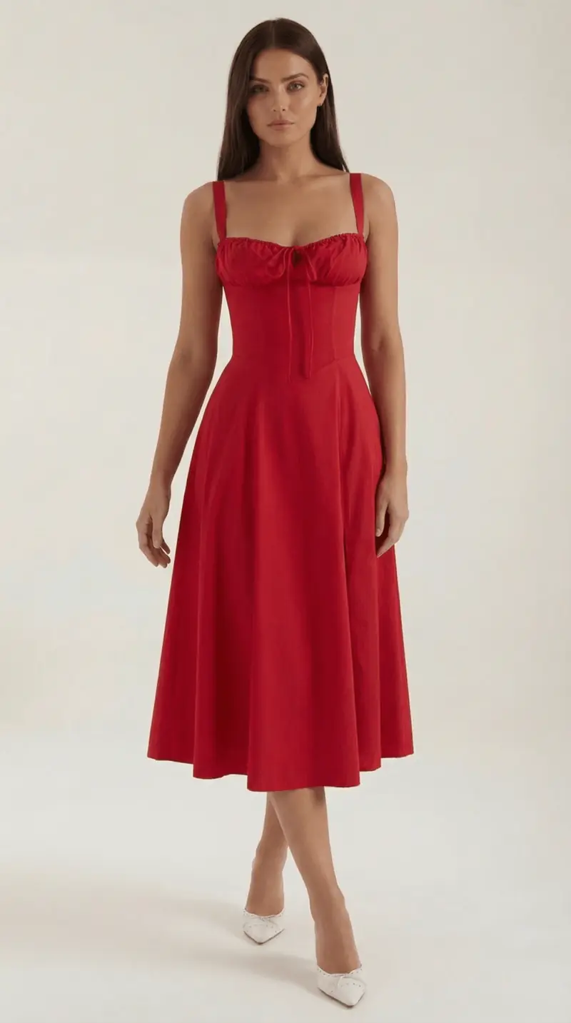 Women's Midi Dress - A-Line Sweetheart Neckline Lace-Up Front