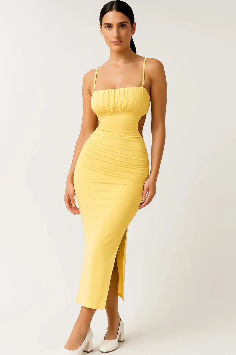 Women's Midi Dress — Bodycon Fit Strappy Pleated Detail Design