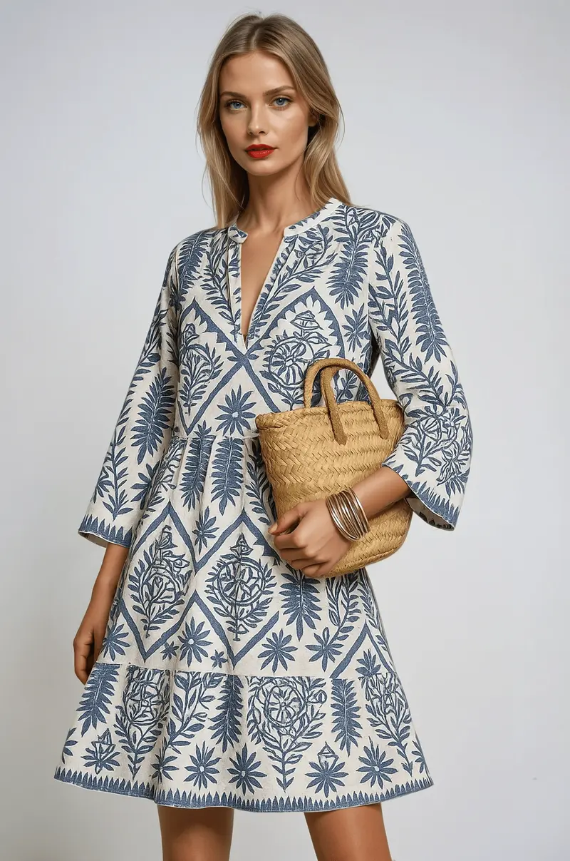 Women's Midi Dress — Boho Print V-Neck Short Sleeve Design
