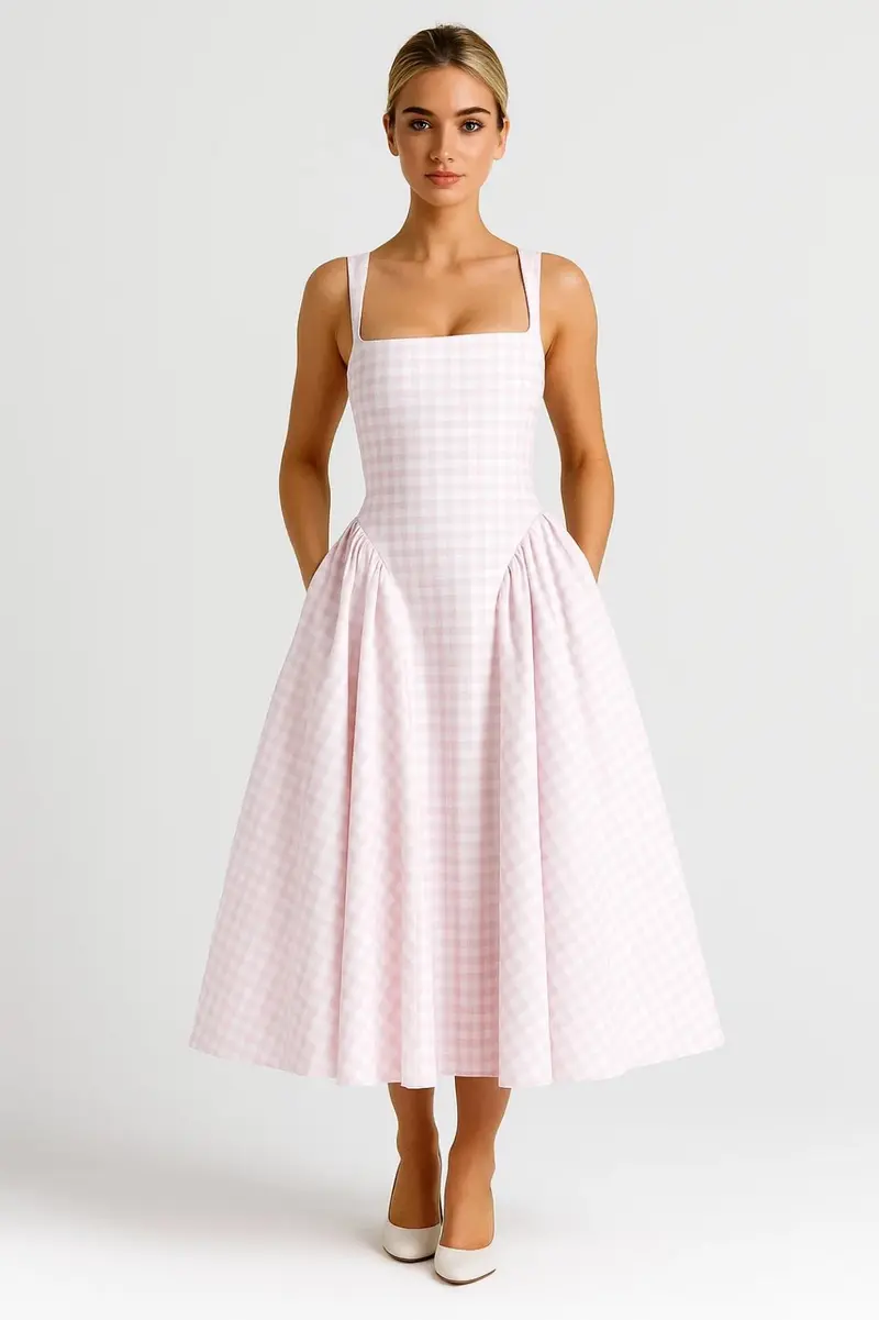 Women's Midi Dress — Checked Print Spaghetti Straps Flared Skirt
