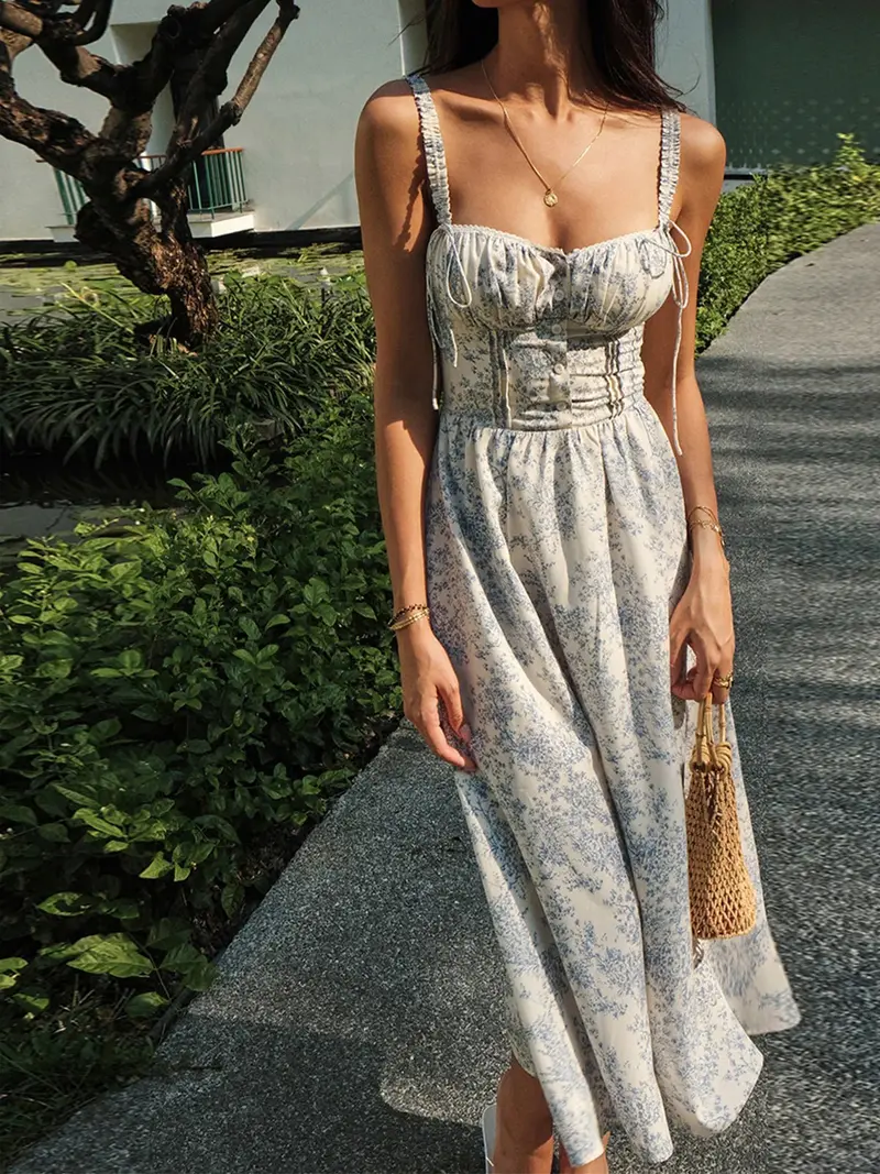 Women's Midi Dress — Floral Print Corset Bodice Button Closure