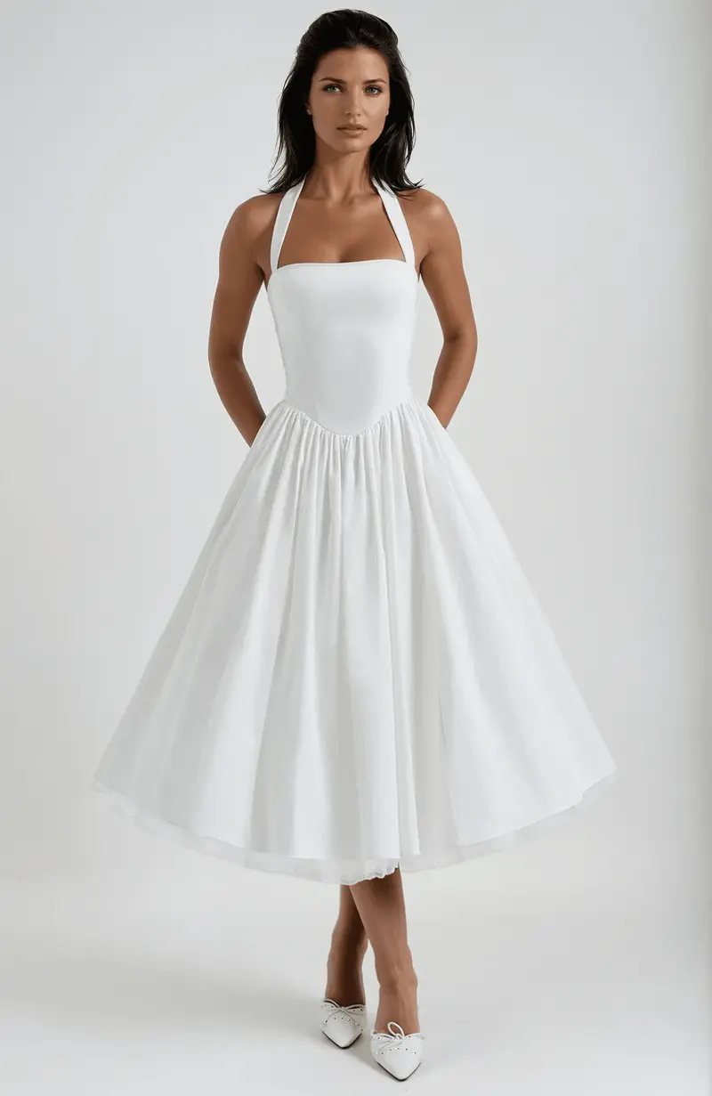 Women's Midi Dress — Halter Neckline Flared Skirt Sleeveless