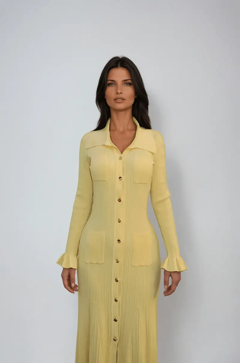 Women's Midi Dress — Knit Collared Short Sleeve Button Front