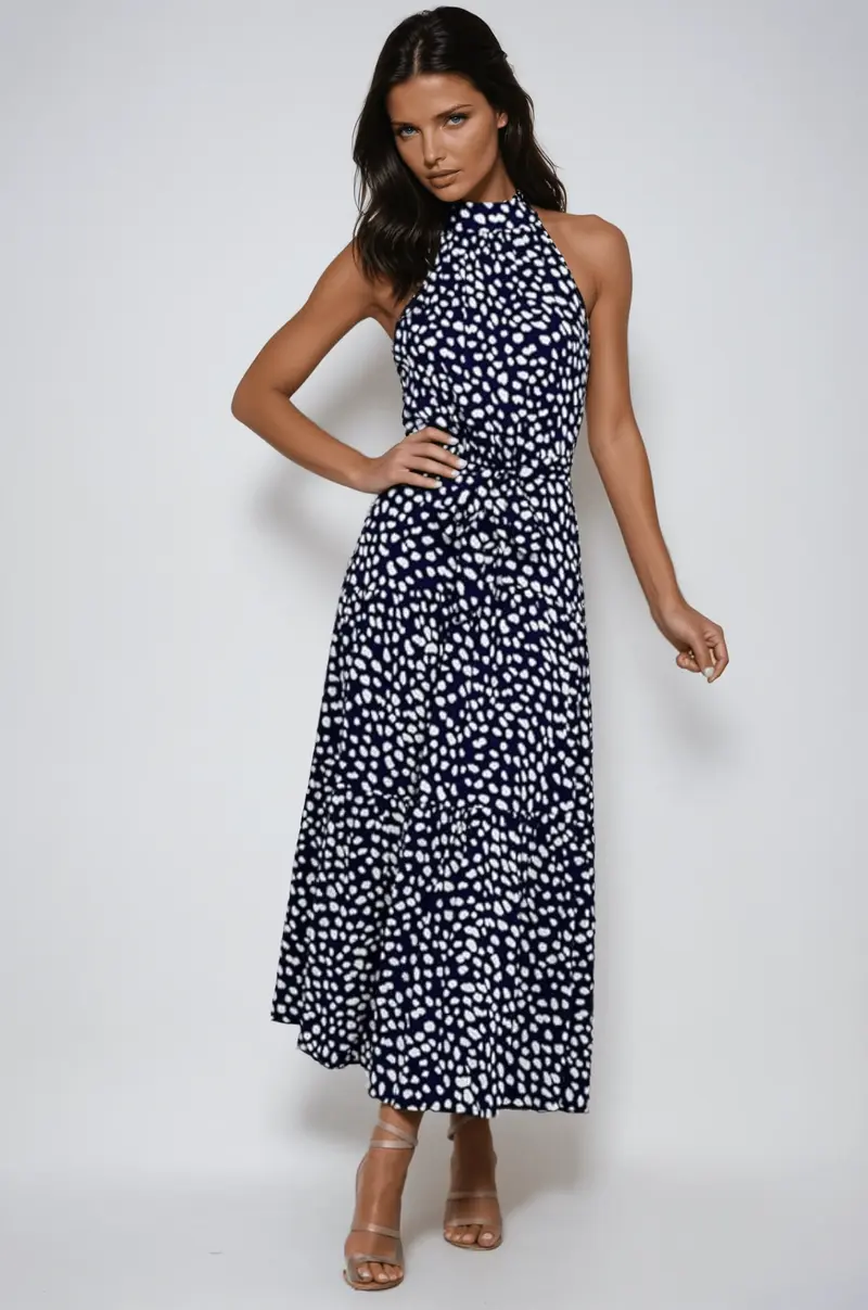 Women's Midi Dress — Polka Dot Halter Neckline Tie Waist Design